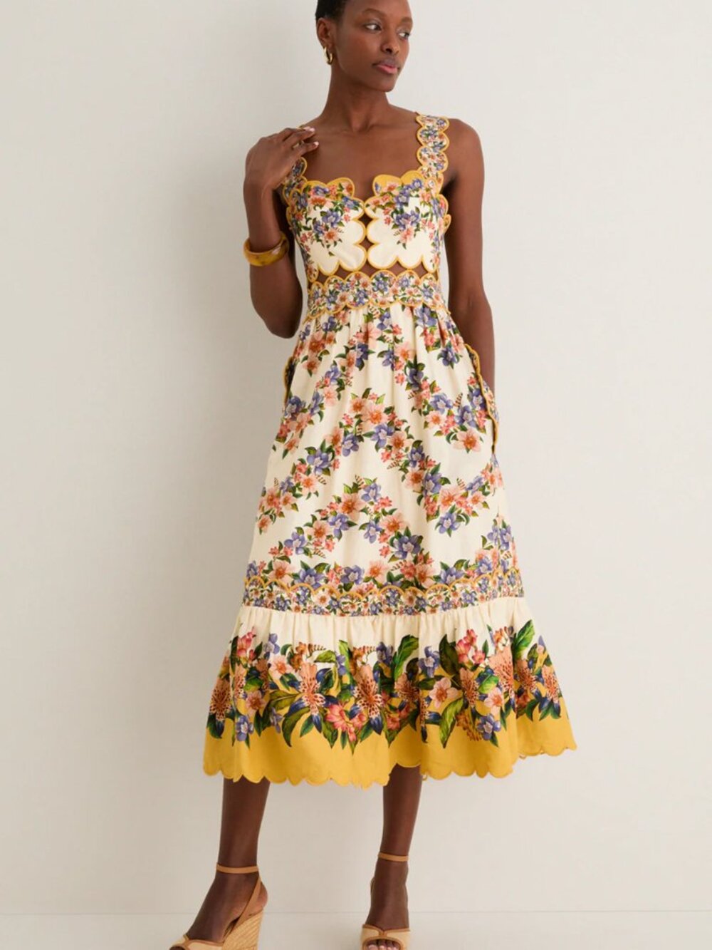 Farm Rio Hilo Stripes Sand Scallop-Trim Midi Dress - Picture 6 of 15